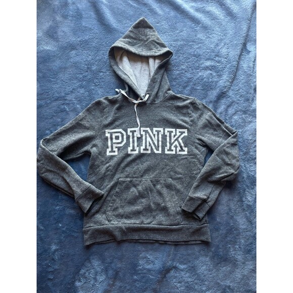 Victoria's Secret Tops - VICTORIA SECRET PINK GREY WHITE LOGO PULLOVER HOODIE SWEATSHIRT FLEECE LINING M